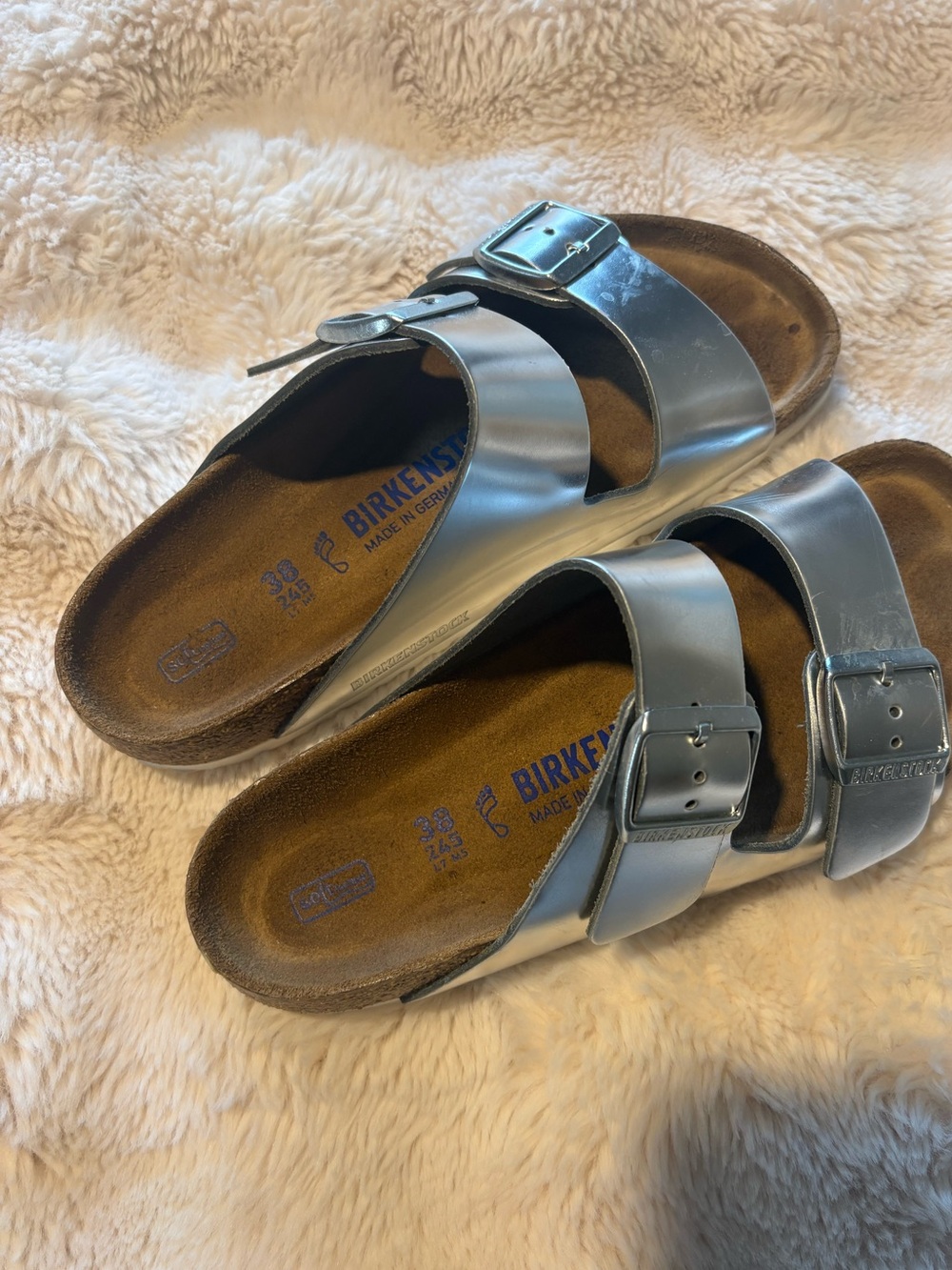 Birkenstock Metallic Silver Two-Strap Sandals - Shiny Silver